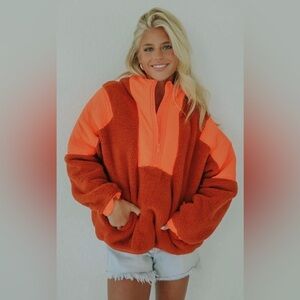 🆕 Free People Leas The Pack Fleece Pullover Women’s Size XS Oversized Orange
